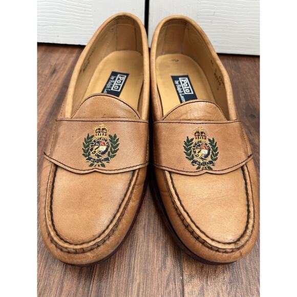 POLO RALPH LAUREN Men’s Vintage Camel Leather Embroidered Crest Loafers Sz 9.5D main image 14